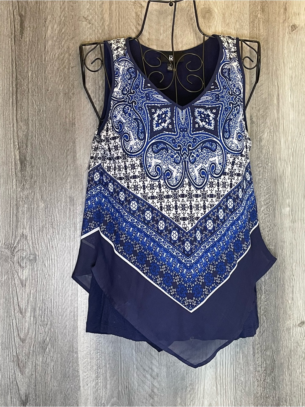 Iz Byer Navy and White Paisley Handkerchief Hem Tank